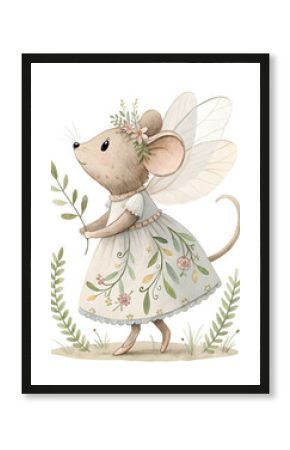 Fairy mouse in a floral dress and wreath holds a leaf. Watercolor illustration, pastel tones. Cute animal with wings