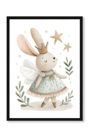 Watercolor fairy bunny in a pastel dress with stars. Cute rabbit in a golden crown and wings. Children’s illustration