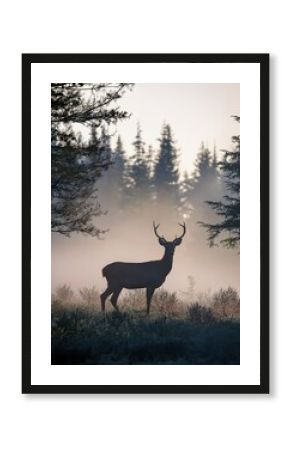 A proud stag is silhouetted against a hazy woodland backdrop as dawn breaks softly.