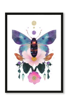 PNG Flower and insect illustration elements art.