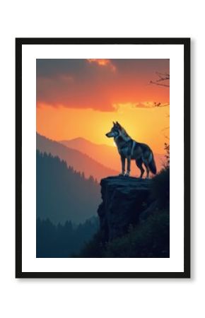 Grey wolf standing on rocky cliffside at sunset, silhouetted against orange sky with misty forest in background, landscape, wildlife