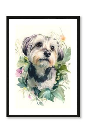Charming watercolor pet portrait in an elegant frame.