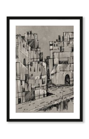 sci-fi cityscape, illustration, sketch - digital painting