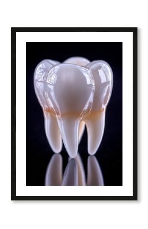 Perfekcyjne ujęcie 3D ludzkiego zęba, przypominające model. Ząb ma widoczne trzy korzenie. Model stoi na błyszczącej, czarnej powierzchni, która go odbija.