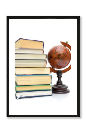 books and vintage globe on white background