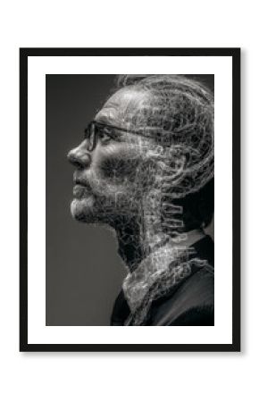 Czarne-białe portret mężczyzny w okularach, z nałożoną futurystyczną grafiką sieci neuronowej lub kręgosłupa szyjnego, symbolizującą technologię, umysł lub biocybernetykę.