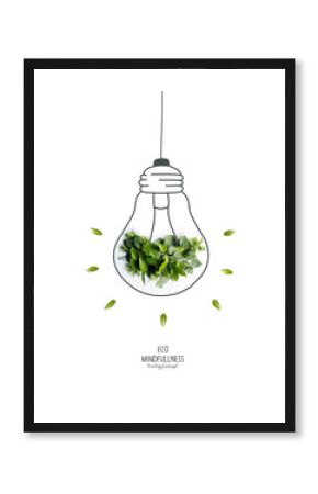 Energy saving eco lamp, made with green sprout and leaves,isolated on white background. LED lamp with green leaf. Minimal nature concept.Think Green.Ecology Concept. Environmentally friendly planet.