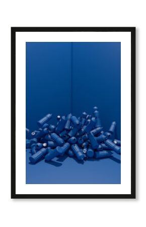 Plastic bottles and blue cans on blue background.