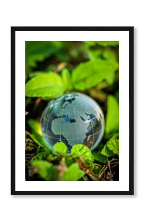 Earth day and world environment day. Green planet concept. World globe crystal glass surrounding by green leaf.