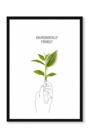 Environmentally friendly planet Concept. Sprout with green leaves and a sketch of a supporting hands. Environmentally friendly planet Concept. Think Green. Top view. Flat lay.