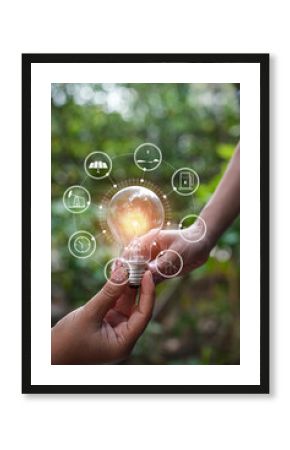 light bulb against nature, icons 