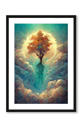 old big green tree with roots, on dry land, tree of earth and life, magic tree.Digital art, nature concept.