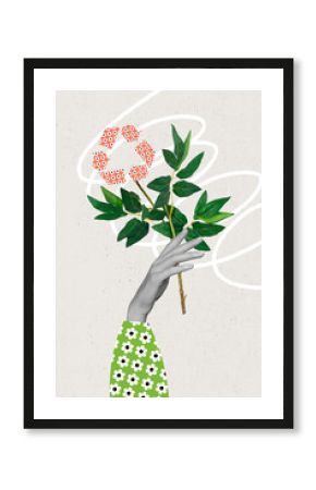Creative poster collage of hand holding plant flower recycling sign symbol support help environment pollution sort garbage awareness