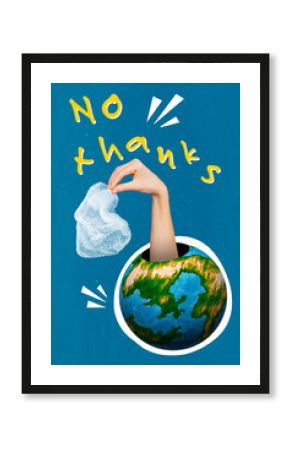 Vertical creative collage photo illustration of hand from planet earth throwing away plastic bag rubbish isolated on blue color background