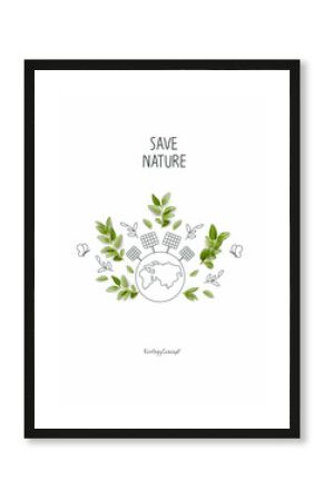 Environmentally friendly concept. Green branches and hand drawn sketch of earth with solar panels. Alternative energy concept.  