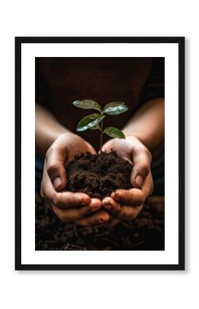 Environment Earth Day. Between his two hands is the soil and the sapling. Environmental nature awareness concept