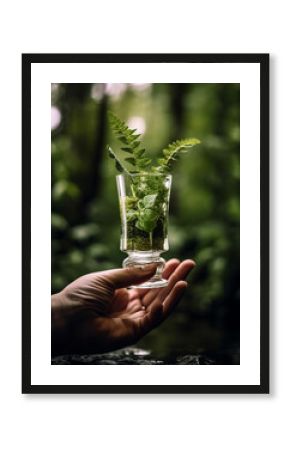 Glass and growing tree in human hand on green forest background. Saving environment, save clean planet, ecology concept. Card for World Earth Day.
