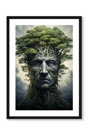 Generative AI illustration of man in front of a big tree, sustainable forest
