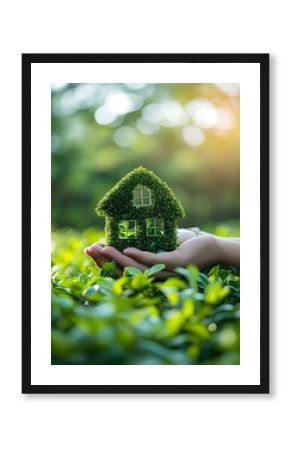 Holding a small miniature house model with both hands against the backdrop of green forests and parks. sustainability and eco-friendly living. generative AI