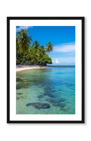 Tropical beach with palm trees and serene lagoon, exotic island getaway, tranquil blue waters