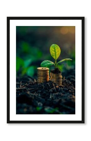 Stacking gold coins and green plant with growing value on the ground