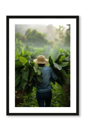 Une femme, de dosportant un chapeau de paille et transportant de grandes feuilles de tabac