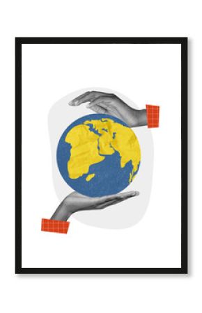 Vertical collage photo poster two arms take care of Earth planet globe symbolizing world day voluntary creative painting background