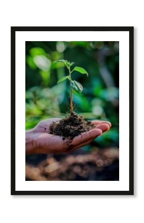 Una mano extendida presenta una plántula verde vibrante, enfatizando la importancia de la ecología y la sostenibilidad