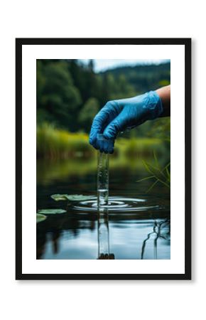 A hand in a glove collects a water sample in a test tube, representing the concept of water purity analysis, environment, and ecology.