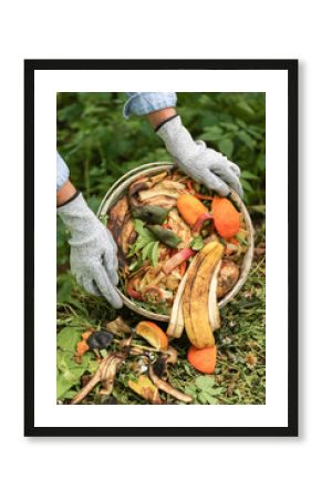 Compost heap pile with bio waste. Farmer with vegetables and fruits food scraps from bucket in compost. Zero waste, composting concept