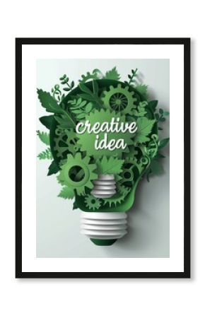 Green light bulb with gears, cogs, and leaves symbolizing eco-friendly creativity and innovation