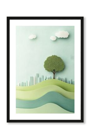 Cityscape silhouette with green trees and eco-friendly design.
