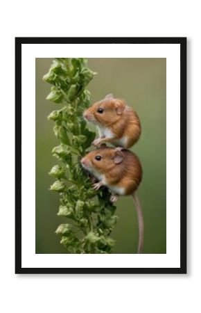 Two brown mice are sitting on a green leaf
