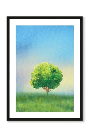 Tree on a green meadow and light blue sky, Summer Holiday landscape, Green tree, green grass, sky. Digital drawing. For Art, Print, Scrapbook, Web design.