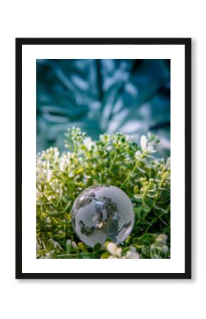World globe crystal glass on green leaves bush. Environmental conservation. World environment day. Global business for sustainable development. Nature and ecology concept.