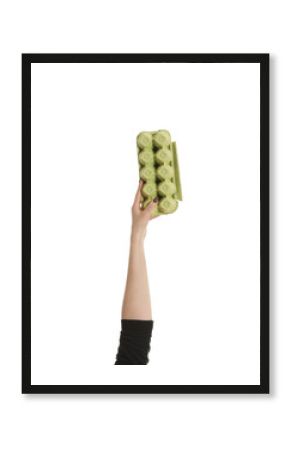 Woman holding egg carton isolated on white, closeup. Waste recycling concept