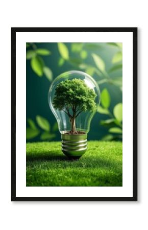 a light bulb with a tree inside of it on a green field