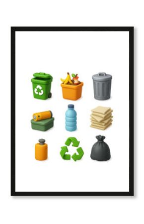 Vibrant 3d icons set for recycling and waste management: diverse and engaging