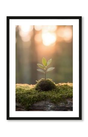 Young Plant Sprout Growing on Mossy Log in Blurred Forest at Sunrise