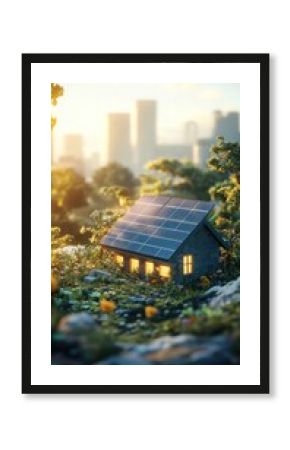 Sustainable solar powered house surrounded by lush greenery in an urban setting with a beautiful cityscape backdrop illuminated by the warm glow of the setting sun