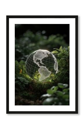 Glass globe nestled in lush green foliage. Concept for sustainability, ecology