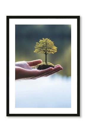 Hand holding small tree with moss, environmental concept, close-up shot, nature background, conservation idea, sustainable future, earth day