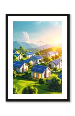 Sustainable living in a neighborhood with solar panels and wind turbine generating clean energy for future