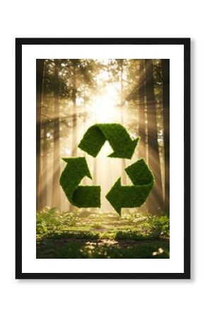 Eco-friendly recycling symbol composed of green grass floating in a sunlight forest