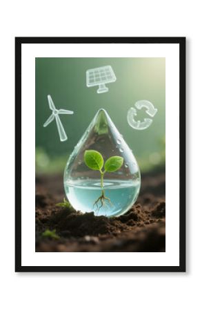 A plant sprouts from a water droplet, symbolizing water conservation and new life. Icons for wind power, solar energy, and recycling emphasize environmental sustainability.