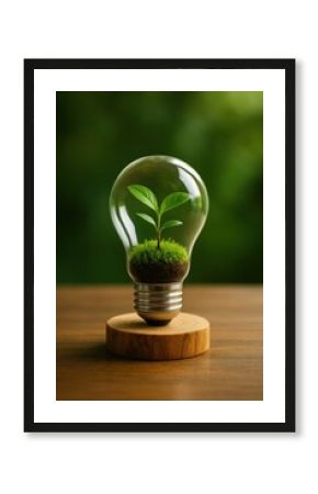 light bulb with plant growing in it, sitting on wooden block.