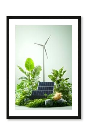 Green energy solar panel, wind turbine, plants