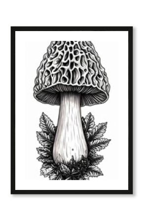 Detailed Black And White Morel Mushroom Illustration