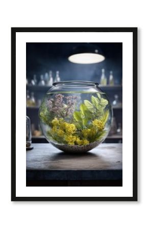 Beautiful round glass terrarium with lush green plants and colorful flowers on a laboratory or botanical workspace with scientific equipment