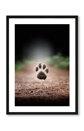 Earthy dog paw print on a forest path. Evokes journey, loyalty, nature, and companionship. Ideal for pet care, conservation, outdoor adventure themes.
